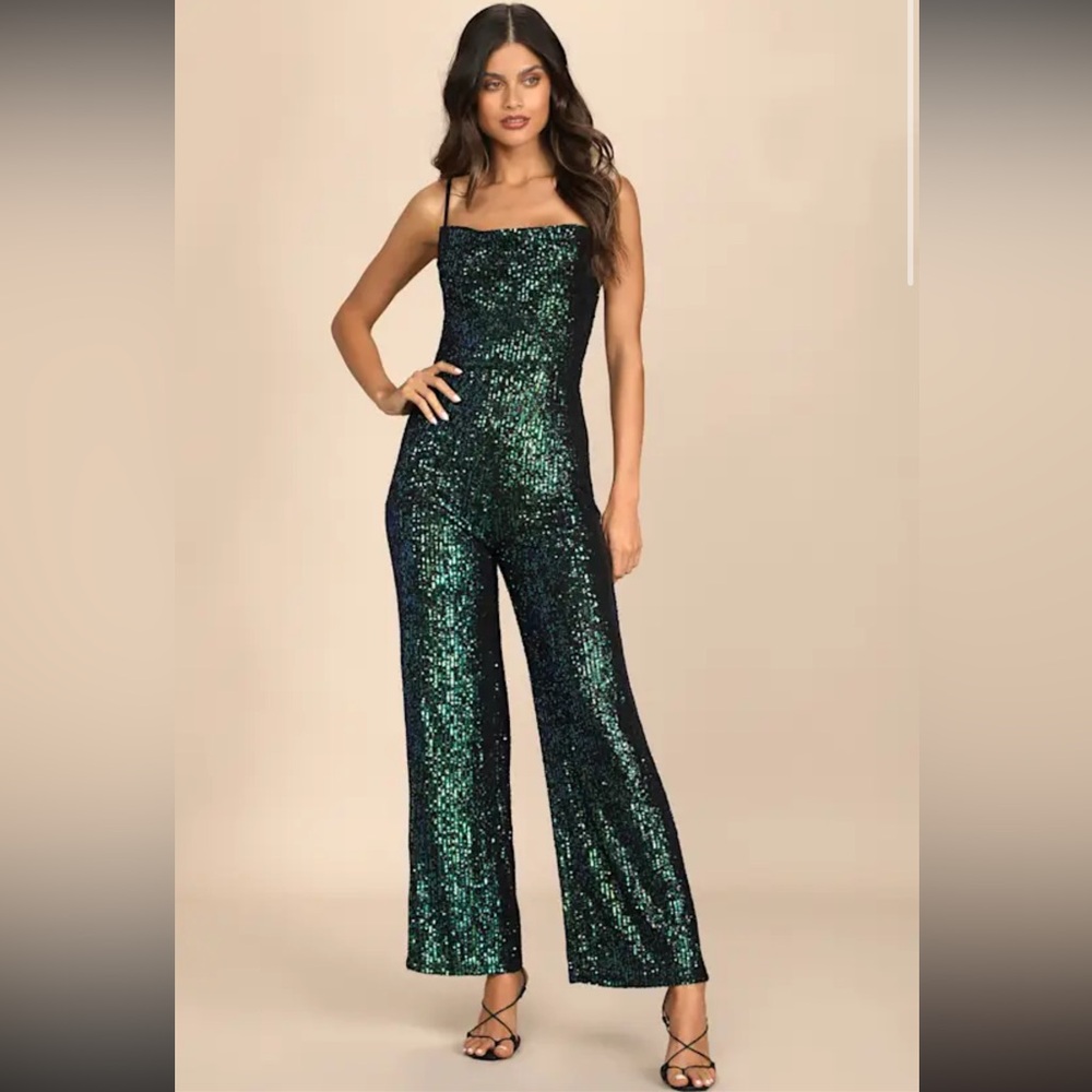 Lulu’s Dancing to the Music Iridescent Green Sequin Wide Leg Jumpsuit - XS
